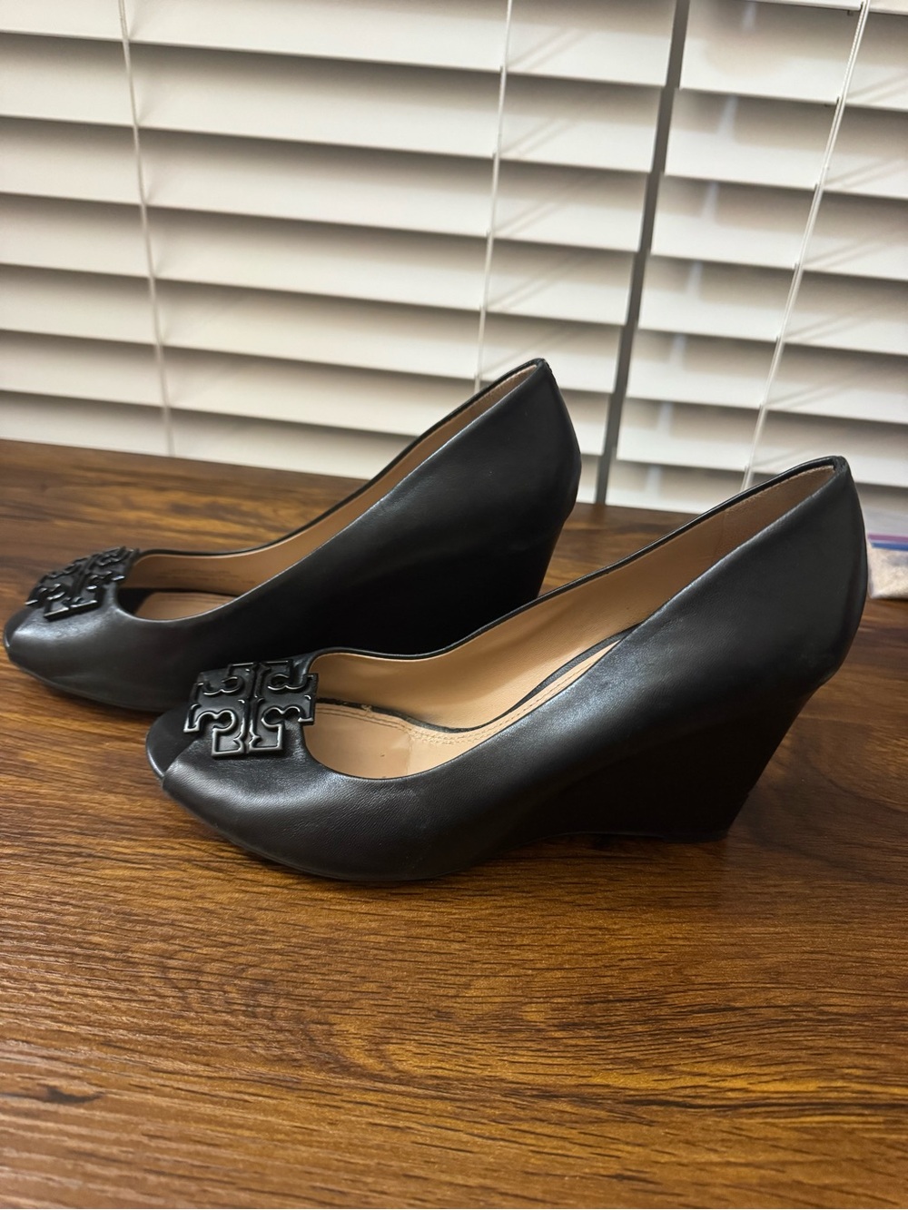 Tory Burch Lowell II Peep Toe
Wedge Pumps with Decorative Logo Accent